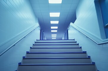 A wide shot of the stairs leading up to an office in a high school