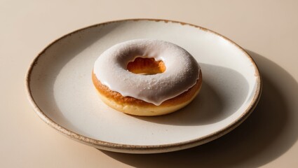 Donut with sugar icing placed on a wooden plate.
