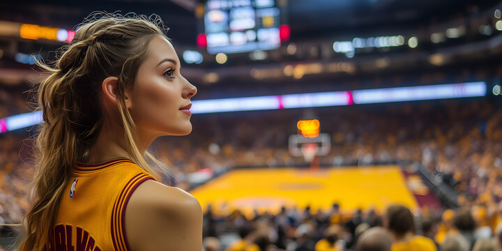 prodile of cute beautiful blond woman 20 - 25s wearing yellow & burgundy sport outfit sitting in the crowded stands; basketball court in the background; copy space