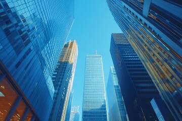 Fototapeta premium Sunlit Metropolitan Skyscrapers Blue Glass Facades & Vertical Lines