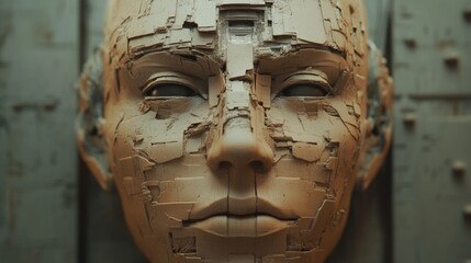 Abstract Human-Like AI Face with Digital Texture and Futuristic Design