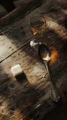 Obraz premium Rustic Wooden Table with Absinthe Spoon, Sugar Cube, and Drink