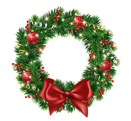 Christmas tree wreath. Realistic pine tree branches with red bow and ribbons. Decoration for holiday banners, party posters, cards, headers, social media. Transparent background in vector file.