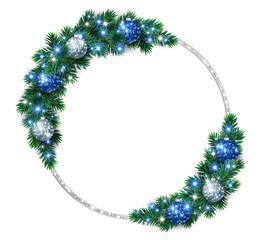Christmas wreath with white and blue glitter ornaments. Silver glitter ring. Christmas tree decoration, holiday garland. Festive frame, fir-tree branches. Transparent background in vector file