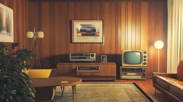 Illustration of a 70s retro style home interior. Living room with wood paneled walls, antique television. Ai generated image