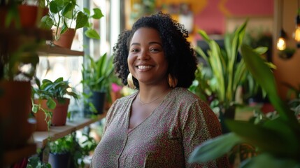 Happy Woman Plants Greenhouse Owner Smiling Portrait Flower Shop