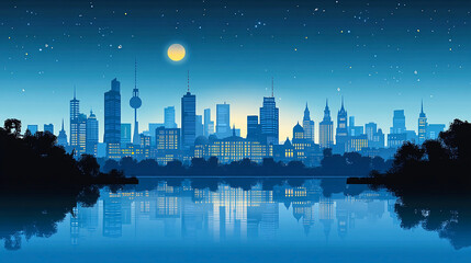 wide black and white skyscrapers building facade of high rise landmark city buildings illustration with its reflection on water front surface in white background