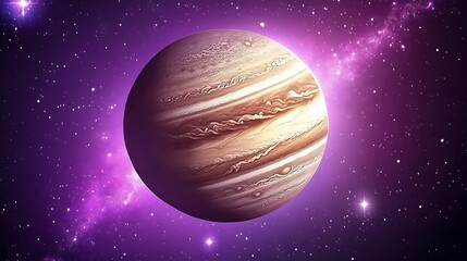 Jupiter, a Gas Giant with Bands and Swirls, Against a Purple, Starry Background