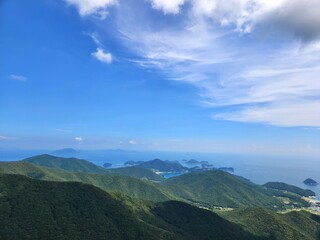 Fototapeta premium Hallyeohaesang National Park view from Geumsan Mountain. Namhae Geumsan. Boriam Buddhist temple. South Sea overlooking Geumsan, Gyeongsangnam-do, Korea.
