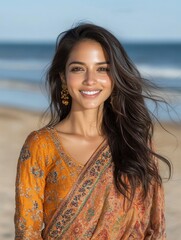 A young Indian woman with dark brown skin and long wavy black hair, wearing a traditional saree. She is standing on a sandy beach with the wind gently blowing her hair, smiling warmly with one hand