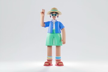 A 3D cartoon character wearing summer clothes  gives a peace sign.