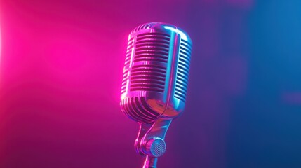 Retro Microphone, Neon Lights, Pink, Blue, Studio, Music, Vintage, Recording, Broadcast, Singing