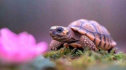 Obraz premium Adorable Baby Tortoise on Moss Closeup Wildlife Photography