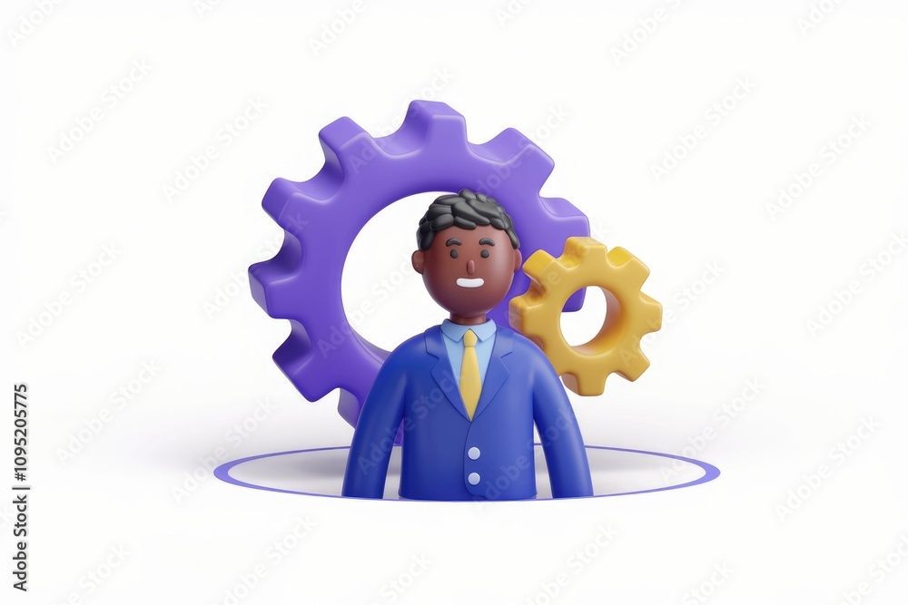 Poster A 3D cartoon businessman stands amidst gears  symbolizing teamwork and efficient problem solving.