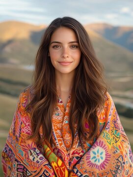 A petite Colombian woman with golden tan skin and long dark wavy hair wearing a traditional ruana standing in a vibrant mountain landscape with a warm and inviting smile, Photorealistic