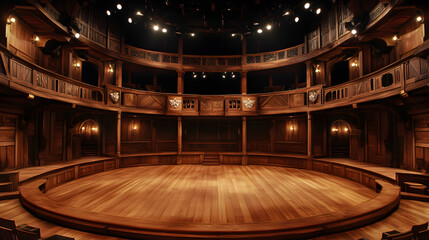 Elizabethan Theatre Stage: Wooden Architecture, Grand Design, Dark Wood, Historic Setting, Performance Space