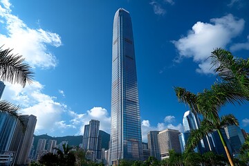 Fototapeta premium Sunlit Skyscrapers, Palm Trees, & Clear Sky Downtown View