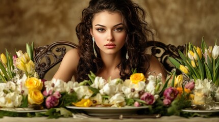 Fototapeta premium Elegant Woman Amidst Vibrant Floral Dining Setting with Spring Blooms