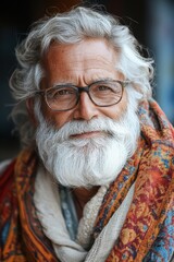 A thoughtful and introspective portrait of an elderly man with a richly embroidered scarf and glasses, highlighting a sense of wisdom and cultural depth