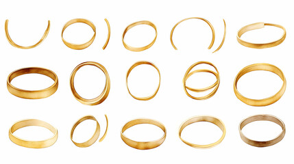 Watercolor painting of gold rings in various positions and orientations, perfect for jewelry, design, or wedding themes.