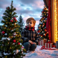  Little boy with christmas tree christmas tree holiday winter festive celebration   