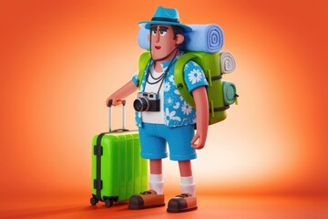 Obraz premium A cartoon tourist is ready for his journey with a suitcase and backpack.