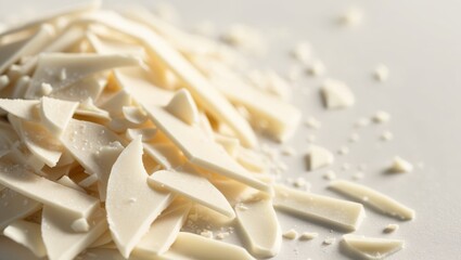 closeup texture of shredded white chocolate flakes dessert ingredient baking background.