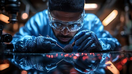 Technician focuses on intricate electronics with precision and care.