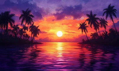 Palm Silhouettes Against Neon Sunset, Show palm tree silhouettes against a sunset with intense neon hues pinks