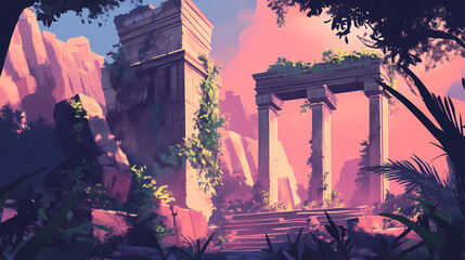 Low angle shot of overgrown ancient temple evoking mystery and tranquility. Ancient Temple Ruins. Illustration