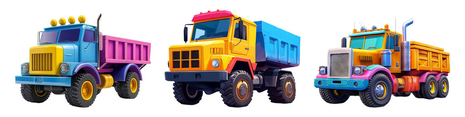 Colorful Cartoon Dump Trucks on Transparent Background