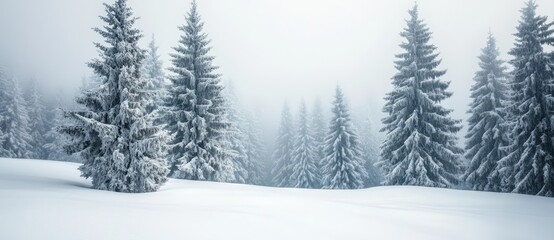 Obraz premium Serene photograph of a snow-covered pine forest in the calm Canadian wilderness.