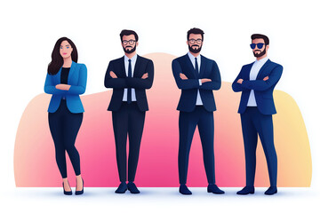 Professional group of four individuals in stylish attire standing confidently together