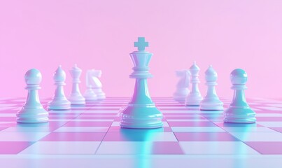 A white king piece standing in front on the chessboard, against a pink background.. The concept of success, leadership and business strategy.