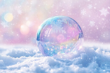 Frozen soap bubbles on snow with crystals.