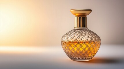 A luxury perfume bottle, with intricate gold detailing and an elegant design.