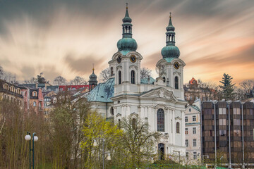 City landscape in winter. City landscape with historical buildings in an old town from the Baroque period. cityscape Karlovy Vary, Czechia