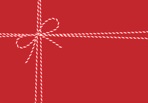 Flat minimalistic red background, gift tied up with cotton red rope bakers twine bow and ribbons. Packing string for present, pastry boxes for New Year, Christmas, Birthday. Vector EPS10
