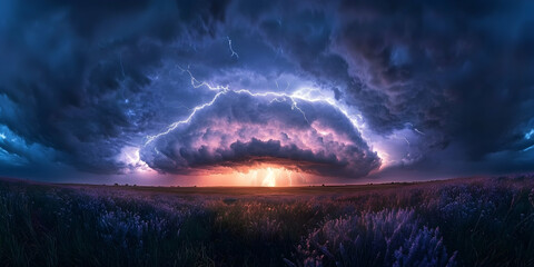 Fototapeta premium Powerful lightning strikes a vast field under a turbulent dark sky, displaying naturea??s intense energy. high quality image