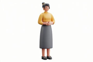 A 3D rendered illustration of a woman in a yellow top and grey skirt  standing with hands clasped.