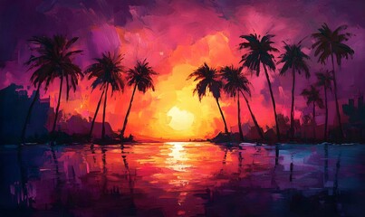 Palm Silhouettes Against Neon Sunset, Show palm tree silhouettes against a sunset with intense neon hues pinks