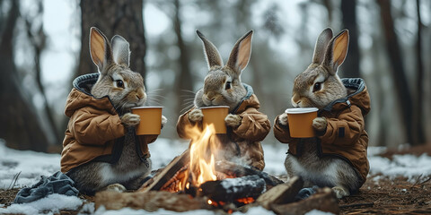 Fototapeta premium Rabbits in jackets enjoying hot drinks around campfire, capturing warmth and friendship. high quality image
