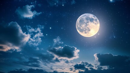 Obraz premium Bright Moon Shining Through Partly Cloudy Night Sky with Stars and Soft Clouds Illuminated by Moonlight in a Serene Atmosphere