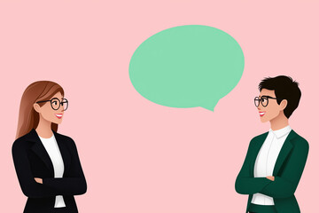 Two businesswomen engaged in conversation with speech bubble on pink background