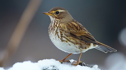 Fototapeta premium A beautifully detailed close-up image of a thrush perched on snow-covered ground, showcasing intricate feather patterns in a wintry setting