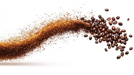 Instant coffee and beans in motion.