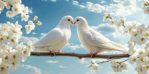 Two beautiful white doves opposite each other on a blossoming tree branch in spring.