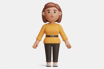 A 3D render of a woman with brown hair wearing a yellow sweater and black pants.