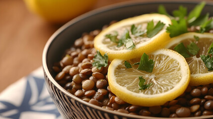 Savor the zesty flavors of fresh lemon with a creamy lentil dish for a nutritious meal experience. high quality image