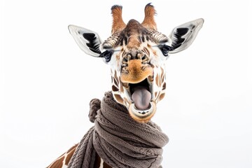 A giraffe wearing a cozy scarf, its mouth open in a playful expression against a white background.